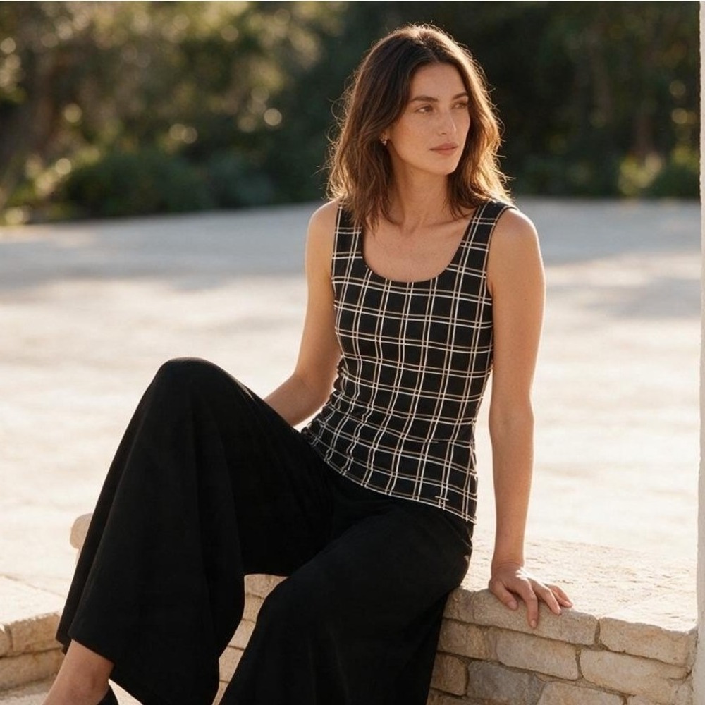 Calvin Klein Black Geometric Plaid Tank Top Women's M Stretch Corporate Girlie
